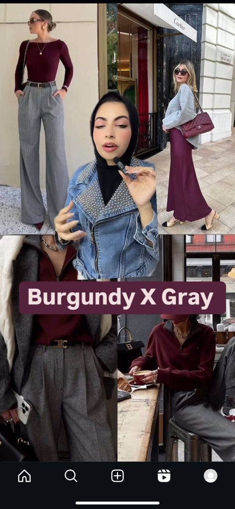 Gray Burgundy Outfit, Grey And Maroon Outfit, Grey And Maroon Outfits For Women, Maroon And Grey Outfit, Maroon Jeans Outfit, Burgundy Herim Pants, Grey Outfit, Grey