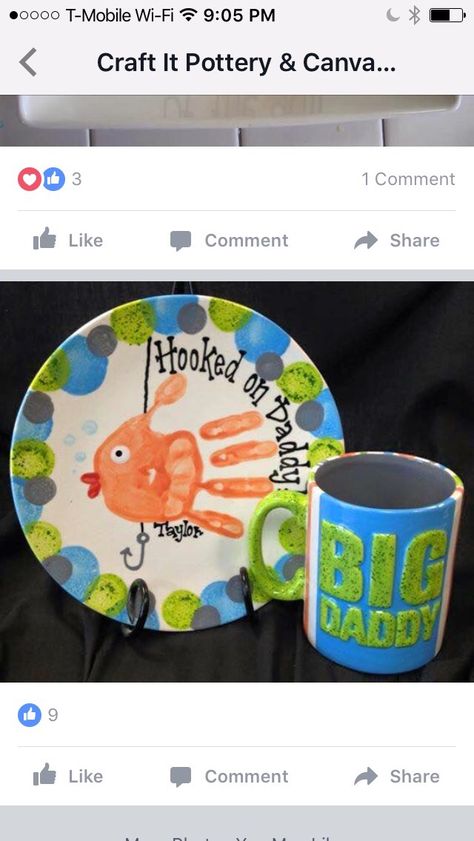 Hooked On Daddy Handprint, Handprint Plate, 23 Bday, Class Auction, Footprint Crafts, Classroom Art, Paint Your Own Pottery, Kids Pottery, Footprint Art