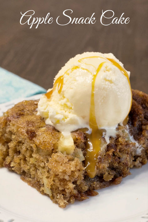 A serving of apple snack cake topped with ice cream and a drizzling of caramel. My Country Table, Apple Snacks, Apple Cinnamon Bread, Apple Crisp Easy, Johnny Appleseed, Country Table, Homemade Frosting, Pudding Cake, Easiest Apples