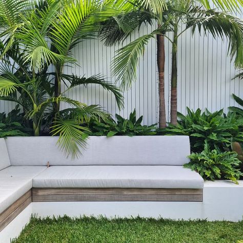 Stone Lotus Landscapes on Instagram: "Weekend sorted! One we prepared earlier. #buildingabeautifullifeoutside . #tropicalgardens #Hamptons #hamptonsstyle #custombench #gardenbenchseat #tropicalgardenideas #garden #gardenideas #palms #plantinspo #gardeninspo #gardendesignsydney #gardeninspiration #lushgardens #gardenfurnituredesigner #landscapersydney #gardendesign #gardendesigner #gardendesignsydney #gardendesignereasternsuburbs #hamptonsgarden #southcoogee" Backyard Resort, Backyard Hammock, Outdoor Pool Area, Courtyard Gardens Design, Landscaping Retaining Walls, Corner Garden, Wall Seating, Built In Seating, Building A Pool