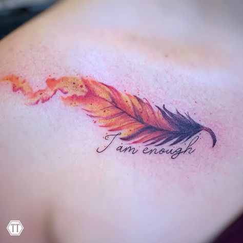 Flaming Feather Tattoo, Feather Fire Tattoo, Feather On Fire Tattoo, Phoenix Survivor Tattoo, Phoenix Collar Bone Tattoo, Watercolor Flame Tattoo, Fire Feather Tattoo, Pheonix Feather Tattoos, Phoenix Feather Tattoo Feminine