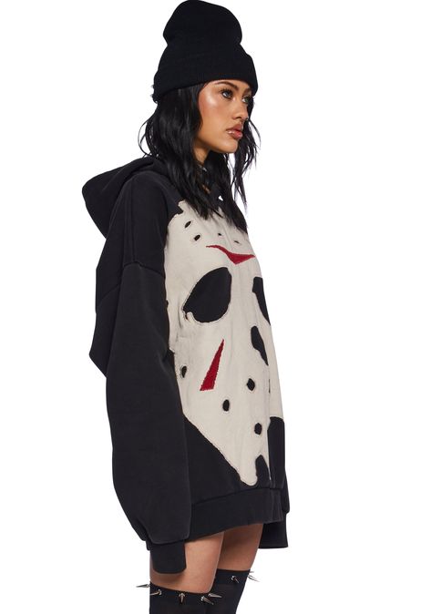 cuz you're forever undead. This pullover hoodie has a super soft fleece feel, distressed detailing, and a giant applique on the front of Jason's mask. Comfy Oversized Hoodie, Monster High Hoodie, Coraline Hoodie, Alt Hoodie, Horror Outfits, Jason Voorhees Costume, Cool Hoodies Designs, Cute Oversized Hoodies, Bubblegum Goth