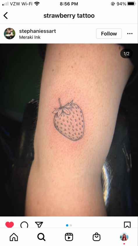 Strawberry With Heart Seeds Tattoo, Strawberry Tattoo Outline, Strawberry Tattoo Minimalist, Strawberry Tattoos, Line Drawing Tattoos, Strawberry Tattoo, Tiny Tats, Fun Tattoos, Dragon Sleeve