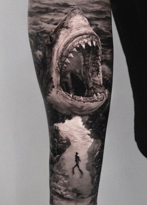 Shark Realistic Tattoo, Shark Realism Tattoo, Megladon Shark Tattoo, Back Shark Tattoo, Realistic Ocean Tattoo, Shark Tattoo Design Drawings, Shark Head Tattoo, Shark Arm Tattoo, Shark Sleeve Tattoo