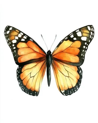 ↑↑↑ Larger size on website 🔸 The image is a watercolor painting of a monarch butterfly with its wings spread open. The butterfly  🔸 From Midjourney AI Image Watercolor Monarch Butterfly Tattoo, Monarch Butterfly Illustration, Monarch Butterfly Watercolor, Watercolour Monarch Butterfly, Monarch Butterfly Side View, Vintage Monarch Butterfly Illustration, Black Borders, Black Veins, Butterfly Watercolor