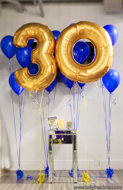 Gold And Blue Balloons, Manly Party Decorations, Dirty Thirty Birthday, Husband 30th Birthday, Surprise 30th Birthday, 30th Bday Party, 30th Birthday Bash, 30 Balloons, 30th Birthday Decorations