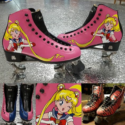 Custom Roller Skates Painted, Painting Roller Skates, Painted Roller Skates, Custom Roller Skates, Roll Bounce, Surfboard Skateboard, Custom Skates, Roller Skating Outfits, Roller Derby Skates