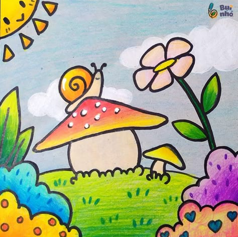 Spring Drawing For Kids, Garden Drawing For Kids, Spring Drawing Easy, Easy Scenery Drawing For Kids, Nature Drawing For Kids, Kids Painting Projects, Drawing Pictures For Kids, Scenery Drawing For Kids, Easy Scenery Drawing