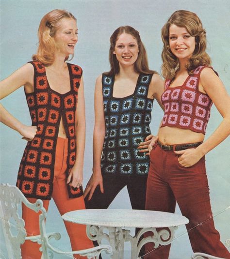 Vintage Crochet Patterns for Women PDF e-pattern format to download. Womens Tank Top, Waistcoat and Tunic Top Crochet Pattern PDF Granny Squares - Yarn Stash Projects :-) Yarn/Wool required : 4 ply Ladies size 32 inch : 2mm, 2.5mm and 3mm Crochet Hooks Ladies size 34 inch : 2.5mm, 3mm and 3.5mm Waistcoat Pattern, Bohemian Crochet, Vintage Crochet Patterns, 60s 70s Fashion, 60s And 70s Fashion, 70s Inspired Fashion, Oufits Casual, Vintage Crochet Pattern, Vogue Knitting