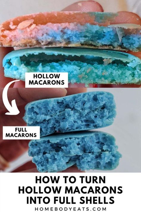 hollow macaron next to a full macaron. French Macaron Troubleshooting, Macarons Filling Recipe, Best Macaron Recipe, Macaroon Filling, Macaron Troubleshooting, Macaron Filling, Macarons Macaroons, Macaroon Cookies, Macaron Cookies