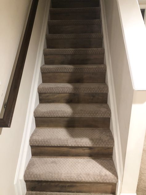 Pergo wood risers. Carpet on treads. Step trends. Carpet Tread Wood Riser, Carpet Steps To Wood, Carpet Stairs With Wood Risers, Stairs Wood And Carpet, Carpet On Top Of Stairs Only, Carpet Wood Stairs, Carpet And Wood Stairs, Carpet Laminate Stairs, Carpet Steps Ideas