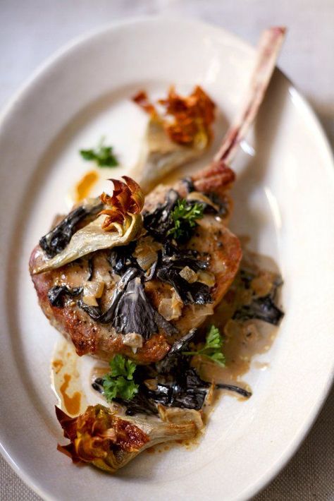 Veal chops with black trumpet mushrooms and artichokes Veal Chop Recipes, Black Trumpet Mushrooms, Veal Chops, Trumpet Mushrooms, Veal Chop, Veal Recipes, Artichoke Recipes, Chops Recipe, Banana Bread Recipes