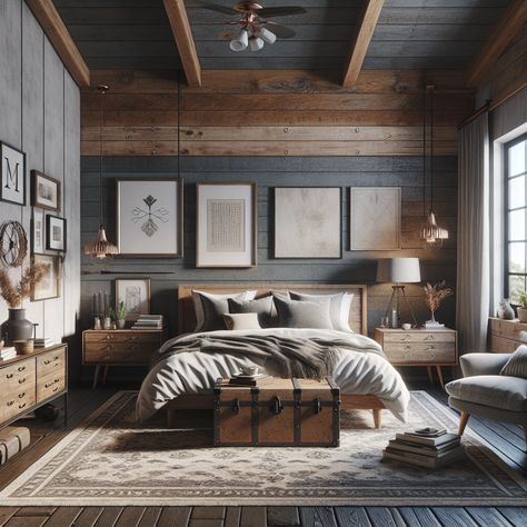 This room should have prominent features of both rustic and modern design aesthetics. The furniture may include a queen-size bed with a wooden headboard, a bedside table, a vintage trunk at the foot of the bed, and a modern-style rug. There could be a reading corner equipped with a comfortable armchair and a modern floor lamp. Various decorations like framed art, throw pillows, and plants may ornate the room. This image is meant to serve as an inspiration for a bedroom remodel. Montana Themed Bedroom, Rustic Mountain Bedroom, Cabin Chic Bedroom, Modern Mountain Bedroom, Bedroom Design Rustic, Cozy Bedroom Neutral, Modern Cozy Bedroom, Mountain Bedroom, Mountain Chateau