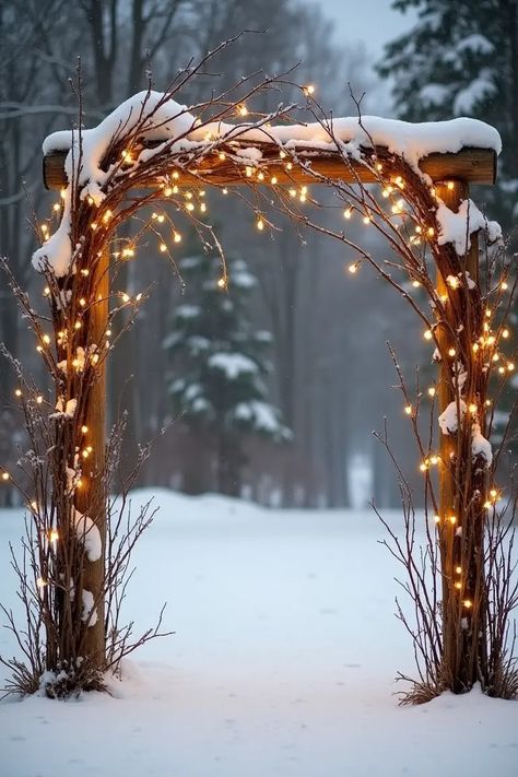 25 Winter Wedding Decor Ideas That'll Warm Your Heart Winter Wedding Unity Ideas, Winter Wedding Outside Ceremony, Winter Garden Party Ideas, Winter Fairytale Wedding, Romantic Winter Wedding Colors, Outdoor Night Wedding Decorations, Winter Wedding Arches, Christmas Light Wedding, Winter Cabin Wedding