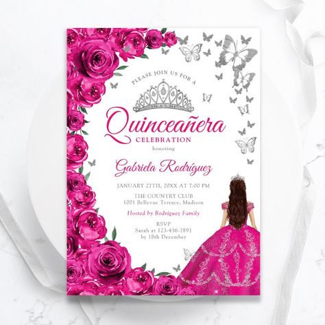 Watercolor Fuchsia Pink Floral Quinceanera Invitation - tap/click to personalize and buy #Invitation #pink #quinceanera, #watercolor #floral, #fuchsia Pink Quinceanera, Quinceanera Pink, Quince Invitations, Butterfly Invitations, Quinceanera Invitation, Ball Gown Dress, Sweet Sixteen Invitations, Hot Pink Roses, Glam Chic