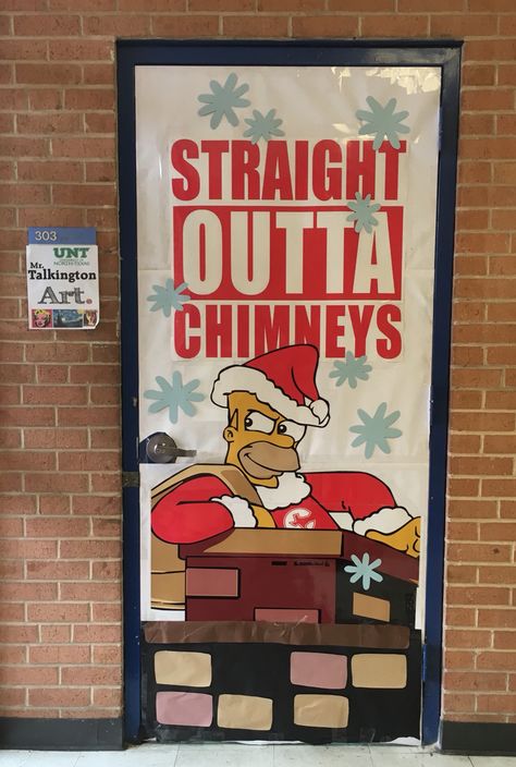 High School Door, Holiday Classroom Doors, Chimney Design, Holiday Door Decorations, Christmas Door Decorating Contest, Christmas Door Decoration, Christmas Classroom Door, Winter Door Decorations, Holiday Classroom