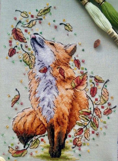 Autumn Waltz by Anastasia Rechkina Leaves Cross Stitch, Stitch Leaves, Autumn Cross Stitch, Fox Cross Stitch, Cross Stitch Cute, Fox Tattoo Design, Autumn Cross Stitch Patterns, Fox Artwork, Embroidery Leaf