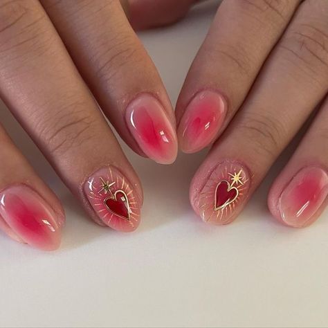 Nails Cool Ideas, Mexican Sacred Heart Nails, Valentine S Day Nail, 2023 Valentine Nails, Cantarito Nails, Sacred Heart Nails, Heart Tip Nails, Frame Nails, Coquette Nails