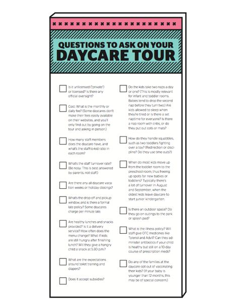 Daycare questions - Today's Parent Daycare Checklist For Parents, Daycare Questions To Ask, Questions To Ask Daycare, Daycare Checklist, Childcare Director, Daycare Business, Home Day Care, Starting A Daycare, Daycare Forms