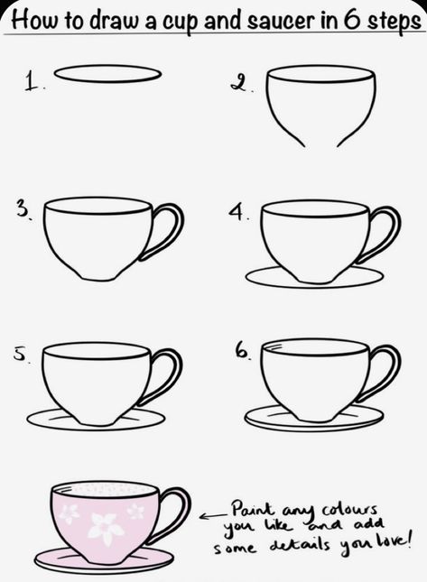 Teacup Painting Ideas, Teacup Drawing, Teacup Doodle, Tea Drawing, Easy Step By Step Drawing, Dibujo Simple, Easy Doodle Art, Easy Doodles Drawings, Drawing Tutorial Easy