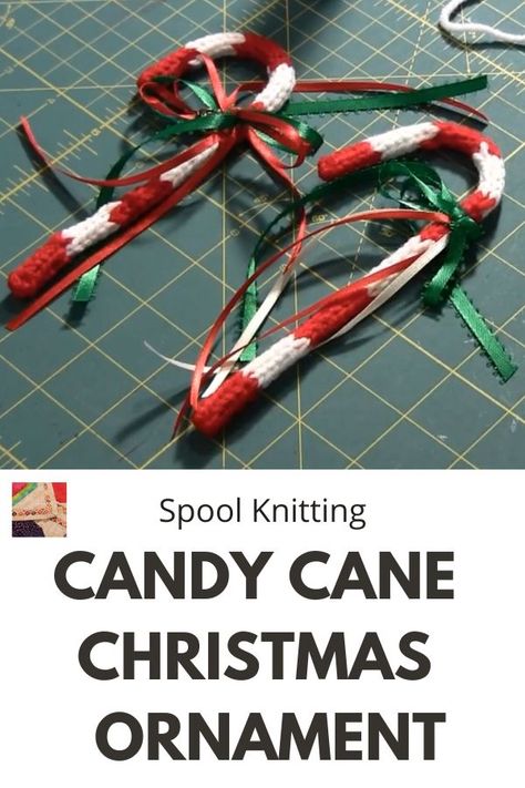 This free spool knitting pattern makes an adorable, striped knitted candy cane ornament, perfect for the tree or to adorn packages. Spool Knitting, Candy Cane Ornament, Red Yarn, Yarn Tail, Christmas Ornaments Homemade, Fun Craft, Beaded Ornaments, Christmas Candy Cane, Holiday Projects