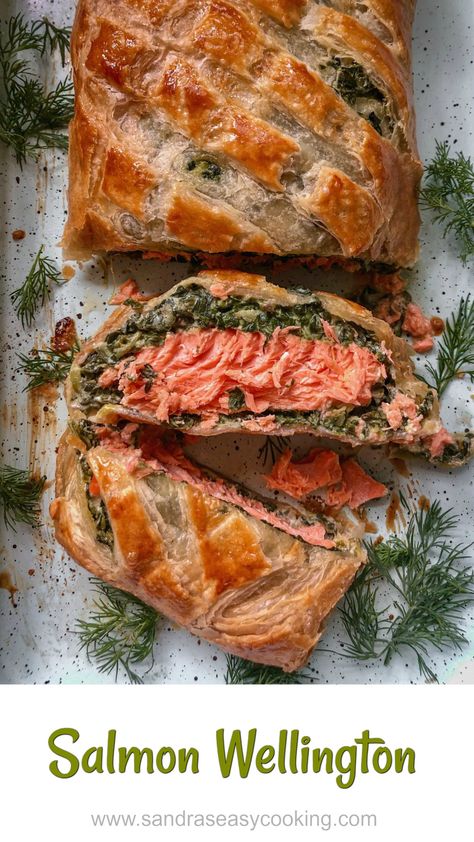 Salmon Wellington - Salmon Wrapped with Puff Pastry Herbed Salmon, Salmon Wellington Recipe, Salmon Wellington, Salmon Wrap, Salmon Spinach, Fancy Dishes, Salmon Fillet, Salmon Seasoning, Easy Salmon