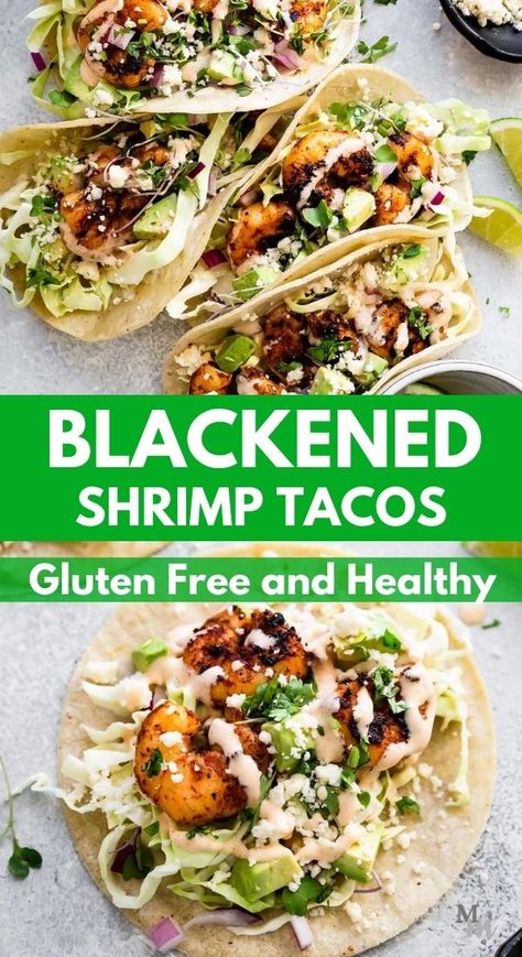 Gluten Free Tacos Recipes, Blackened Shrimp Tacos, Slaw For Shrimp Tacos, Healthy Shrimp Tacos, Healthy Taco Recipes, Gluten Free Easy, Gluten Free Tacos, Shrimp Taco Recipes, Dinner Recipes With Ground Beef