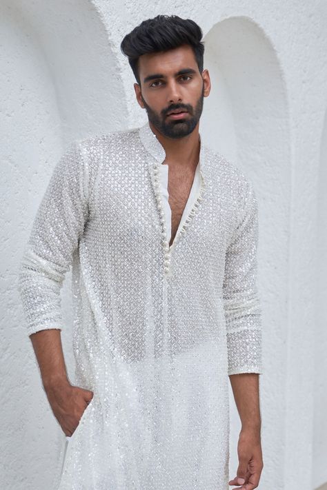 Buy Ivory Net Embroidery Sequin Babil Jaal Kurta With Pant For Men by Mahima Mahajan Online at Aza Fashions. Matching Lehenga, Powerful Fashion, Mahima Mahajan, Ivory Pants, Kurta Pants, Net Embroidery, Kurta Design, Vacuum Storage, Indian Wedding Wear