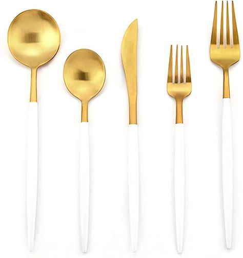 Amazon.com | DEACORY Flatware White and Matte Gold Silverware Set 18/10 Stainless Steel Cutlery Set Luxury 5 Piece Set Wedding Event Restaurant Use Service for 1: Flatware Sets White Cutlery, Different Home Decor Styles, Amazon Wedding Registry, Gold Silverware, Gold Cutlery Set, Gold Cutlery, Gold Flatware, Cutlery Sets, Stainless Steel Cutlery