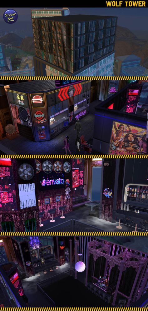 Hey all you cyberpunks, I’m back with another lot for Silicone City and your own worlds - check out Wolf Tower - a high class venue that went down class. 😎 SFS: https://simfileshare.net/download/4212457/ Cyberpunk Restaurant, Sims 4 Cyberpunk, Ts4 Cyberpunk, High Class, Cyberpunk, Sims 4, Tower, Restaurant, Building