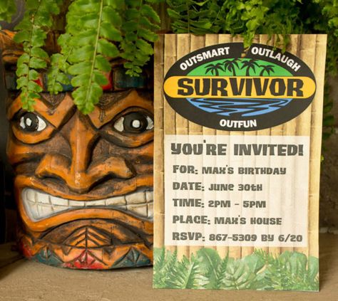 Customizable printable Survivor party invitation Survivor Crafts, Survivor Theme, Jungle Food, Teen Girl Birthday Party, Camp Themes, Teacher Appreciation Themes, Survivor Games, Survivor Party, Party Signage