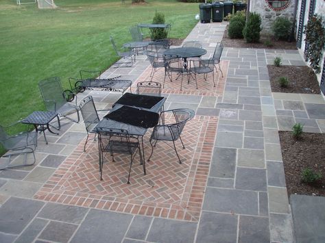 Mortared Bluestone Patio with brick insert Mixed Brick Patio, Patio Bluestone, Blue Stone And Brick Patio, Bluestone And Brick, Bluestone And Brick Patio, Red Brick Pavers, Cobblestone Patio, Backyard Covered Patios, Brick Fire Pit