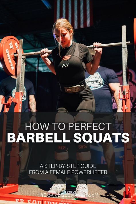 Here I explain how to do a back squat for women! We walk through the entire squat movement step-by-step and break each aspect of the strength training (powerlifting) exercise down. Back squat form with the bar is so important to get right for not only your success, but also for your safety during your workouts. Squat Form For Women, Bar Squats For Women, Back Squats With Bar, Back Squat Form, Barbell Back Squat Form, Squat With Barbell, Barbell Back Squat, Weighted Squats With Bar, Powerlifting Quotes