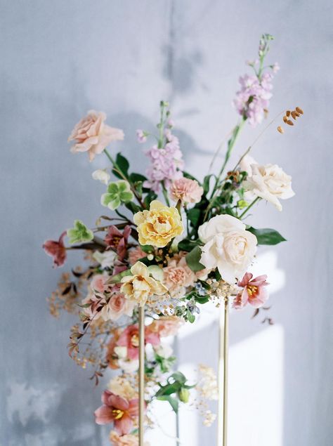 Whimsical Wedding Florals, Ceremony Florals On Pedestals, Wedding Ceremony Floral Pedestal, Pastel Wedding Centerpieces Tall, Flowers Installation, Fairytale Flowers, Elevated Centerpiece, Tall Bright Floral Centerpieces, Deconstructed Floral Arch Wedding