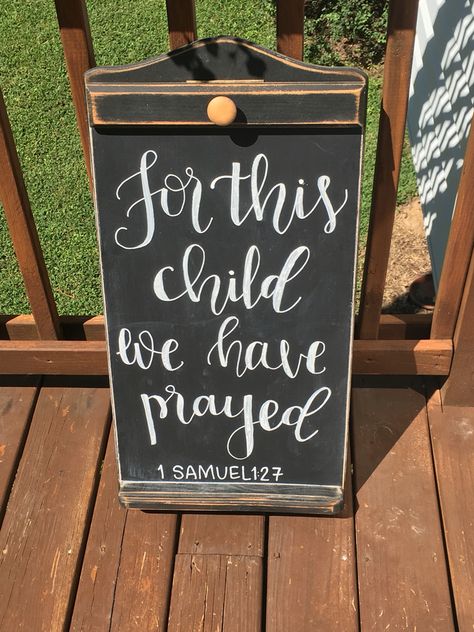 For this child, we have prayed. 1 Samuel 1:27 Chalkboard for a baby gender reveal party! Christian Gender Reveal, Christian Gender Reveal Ideas, Chalkboard Nursery, Baby Shower Chalkboard, Party Chalkboard, Chalkboard Baby, 1 Samuel 1 27, Gender Reveal Themes, Gender Reveal Ideas