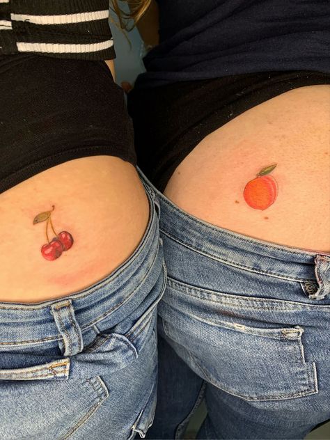 Peach Tattoo Photos Cute Different Tattoos, Matching Peach Tattoo, Strawberry And Cherry Tattoo, Matching Cherry Tattoos, Cherry Tattoo On Bum For Women, Mini Cherry Tattoo, Tiny Cherry Tattoo, Best Friends Tattoo, Peach Tattoo