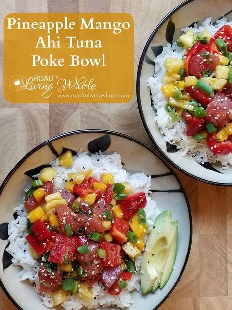 This homemade pineapple mango ahi tuna poke bowl is gluten-free, soy-free, dairy-free, and when you replace the rice with cauliflower rice, paleo. So delicious you won't need to dine out to enjoy a quality poke bowl. Ahi Tuna Poke Bowl, Cauliflower Rice Paleo, Tuna Poke Bowl Recipe, Ahi Tuna Poke, Poke Recipe, Paleo Seafood Recipes, Tuna Poke Bowl, Poke Bowl Recipe, 2023 Food