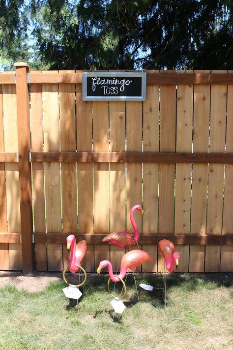 Outdoor bridal shower, flamingo toss                                                                                                                                                                                 More Flamingo Wedding Shower Ideas, Luau Couples Shower Ideas, Poolside Bridal Shower Ideas, Flamingo Bridal Shower Ideas, Luau Bridal Shower Ideas, Pool Party Bridal Shower Ideas, Bridal Shower Backyard, Bridal Shower Pool Party, Tropical Bridal Shower Ideas