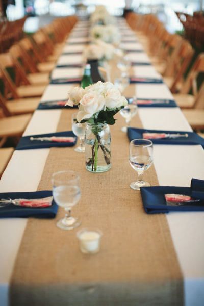 Style Me Pretty - white table cloth, burlap runner, navy napkins Burlap Wedding Table, Navy Blue Napkins, Rustic Burlap Wedding, Burlap Runners, Blue Napkins, Cape Cod Wedding, Burlap Table Runners, Burlap Wedding, Lace Table