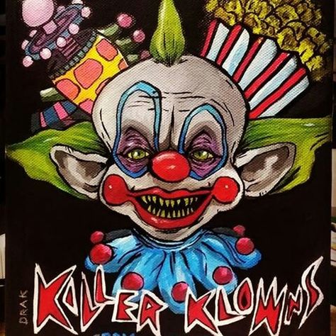 Killer Klowns From Outer Space Creepy Space Drawing, Clowns From Outer Space, Killer Klowns From Outer Space Drawings, Killer Klowns From Outer Space Aesthetic, Killer Klowns From Outer Space Nails, Killer Klowns From Outer Space Art, Shorty The Clown, Killer Clown From Outer Space, Horror Movie Paintings Canvas