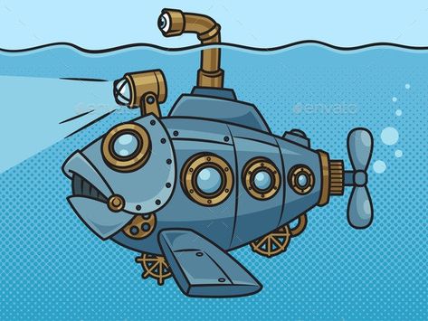 Submarine Fish Pinup Pop Art Raster Illustration - Animals Illustrations Submarine Drawing, Illustration Comic, Pop Art Retro, Graphic Design Business, Comic Book Style, Book Style, Art Pop, Big Fish, Graphic Design Portfolio