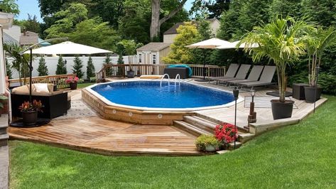 Backyard, semi-inground pool, wrap around deck. Small Pool In Sloped Backyard, Semi Inground Pool Deck Off House, Semi In Ground Pool Ideas With Deck, Semi Inground Pool Ideas With Deck, Sunk In Above Ground Pool, Stealth Pool With Deck, Backyard Above Ground Pool And Patio Ideas, Semi In Ground Pool With Deck, Above Ground Pool Wrap Around Deck