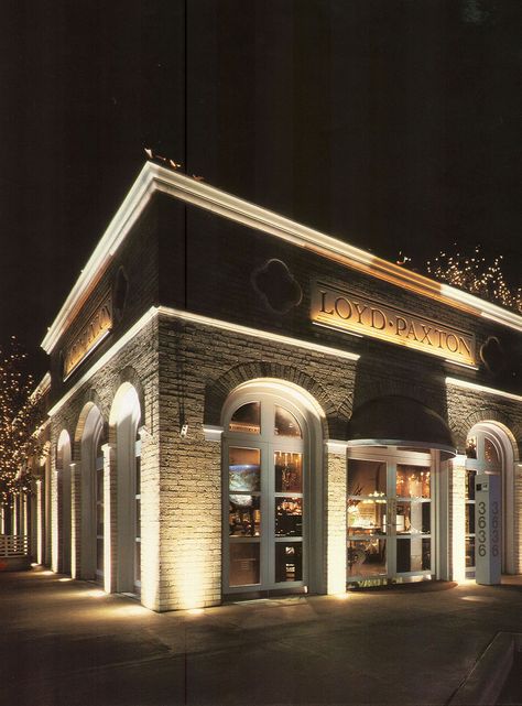 Exterior facade light. Inground uplight Commercial Building Stone Exterior, Exterior Commercial Building Lights, White Facade, Restaurant Facade, Restaurant Exterior Design, Cafe Exterior, Classic Facade, Retail Facade, Led Exterior Lighting