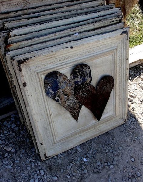 Coragated Metal, Ceiling Tiles Crafts, Repurpose Crafts, Antique Ceiling Tile, Vintage Tin Ceiling Tile, Ceiling Tin, Metal Hearts, Tin Tiles, Vintage Ceiling