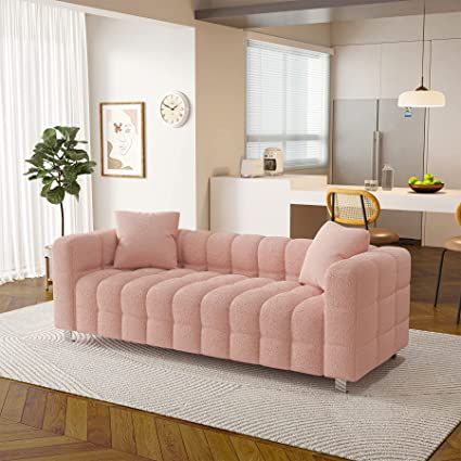 Dolonm Modern Sofa Couch with Metal Legs Upholstered Tufted 3 Seater Couch with 2 Pillows Decor Furniture for Living Room, Bedroom, Office, 80 Inch Wide(Pink-Teddy) Modern Sofa Couch, Modern Sofa Designs, Velvet Couch, Premium Sofa, Mid Century Sofa, Comfortable Sofa, Upholstered Sofa, Living Room Seating, Modern Sofa