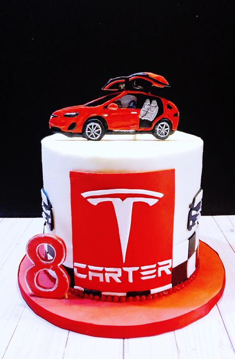 Tesla cake Tesla Party Ideas, Tesla Cake Ideas, Tesla Themed Birthday Party, Tesla Birthday Party Ideas, Tesla Cake, Birthday For Husband, Crazy Birthday Cakes, Mcqueen Party, 7th Birthday Boys