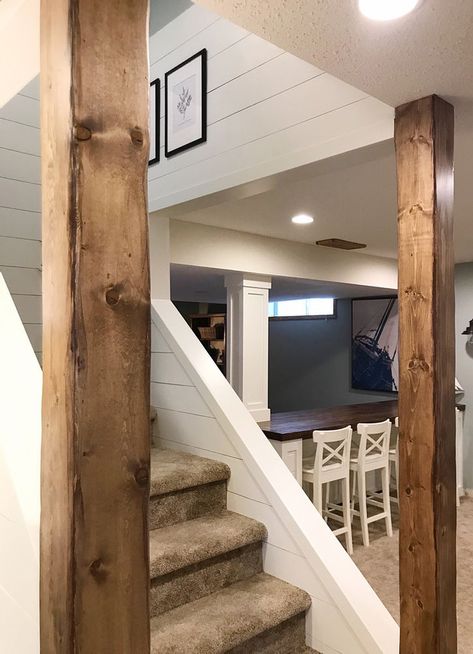 Basement Stairwell Wood Beams Basement Stairwell, Basement Decoration, Dream Basement, Rustic Basement, Remodel Basement, Basement Remodel Diy, Basement Inspiration, Basement Living Rooms, Bar Basement