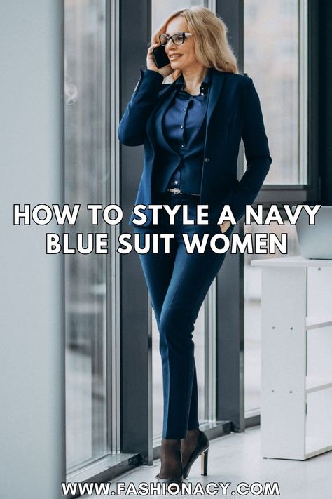 How to Style a Navy Blue Suit Women Navy Suit Women, Blue Suit Style, Power Suits For Women, Work Outfit Office, Suit Pin, Suit For Women, Navy Blue Suit, Suit Women, Navy Suit