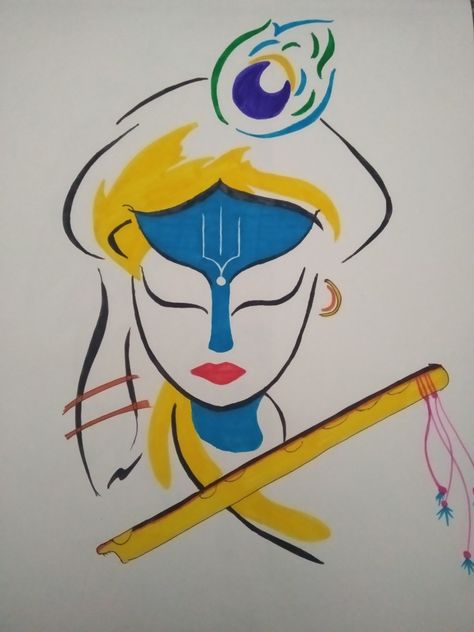 Canvas Painting Ideas Krishna Easy, Krishna Fabric Painting, Krishna Painting Easy, Lord Paintings, Lord Krishna Drawing, Flute Drawing, Art Krishna, Canvas Art Painting Acrylic, Modern Art Canvas Painting