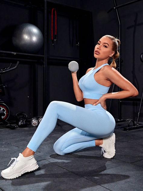 Seamless High Stretch Sports Bra & Leggings | SHEIN USA Plain Leggings, Sports Bra And Leggings, Gym Gear, Sport Bra, Active Wear For Women, Sports Women, Online Fashion, Baby Blue, Men's Clothing